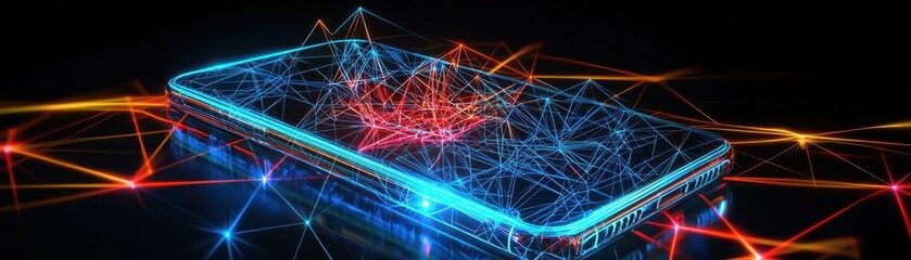 Poster - A digital representation of a smartphone surrounded by vibrant, colorful lines, symbolizing connectivity and technology.