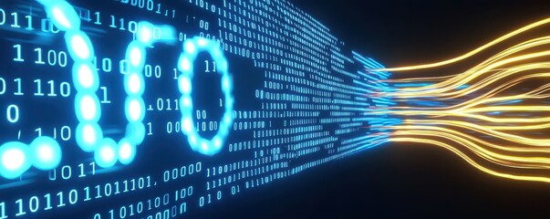 Fototapete - A futuristic digital representation of binary code with glowing elements, suggesting technology and data flow.