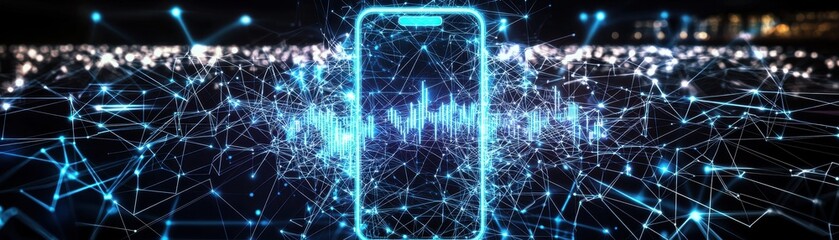 Poster - A glowing smartphone surrounded by a web of blue lines and data visuals, representing connectivity and technology.