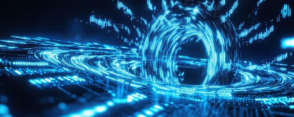 Fototapete - A digital representation of a swirling vortex, glowing in blue, with dynamic data-like patterns suggesting movement and energy.
