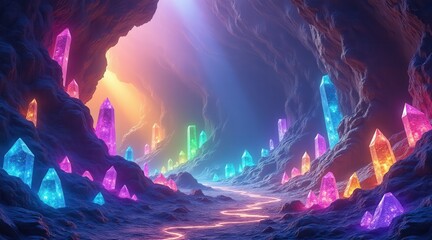 Poster - Vibrant crystal cave illuminated by colorful light formations.