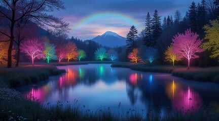 Poster - A serene landscape with colorful trees and a rainbow over a reflective lake.