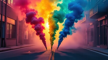 Poster - Vibrant smoke colors fill an empty urban street scene.