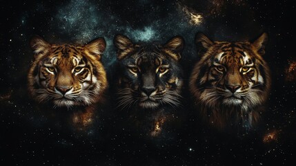 Wall Mural - Celestial tigresses mystical constellation showcasing wildlife elegance among cosmic stellar wonders wildlife artistry galactic animal artwork in deep space