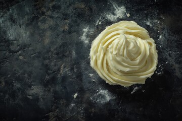 Poster - Overhead shot of circular frosting design with textured light yellow creamy appearance, set against a dark textured surface.