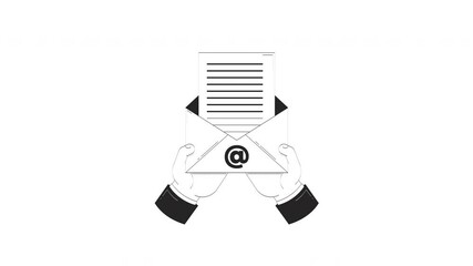 Poster - Hands holding open email envelope with document outline 2D doodle animation. Digital correspondence and communication mail animated item isolated on white. Monochrome linear drawing 4K video