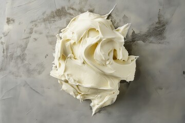 Poster - Close-up texture of fluffy, swirled white cream, potentially frosting or whipped topping, against a neutral, textured background.