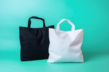 Poster - Black and white tote bags stand side-by-side on a smooth, teal background, showcasing simplicity and reusability with style.
