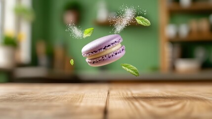 Poster - Purple macaron with green leaves on top of it is flying through the air. The image has a light and playful mood, as if the macaron is having a fun and carefree moment