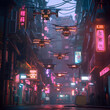 © thanit - Action-packed drones delivering goods neonlit cyberpunk street urban scene futuristic environment aerial view neon aesthetics