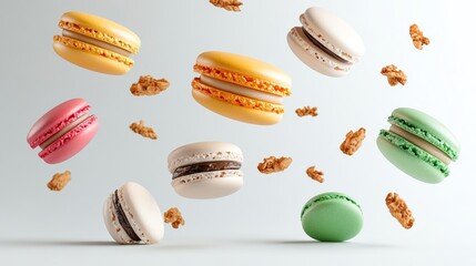 Poster - Close up of a variety of pastries with nuts scattered around them. The pastries are in different colors and sizes, and the nuts are falling from the sky. Concept of abundance and variety