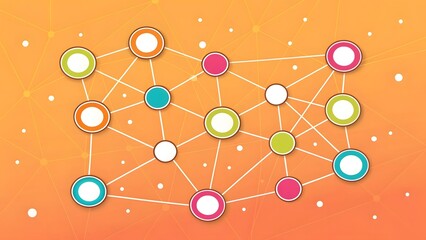 Poster - A vibrant network of interconnected colorful circles, symbolizing collaboration and global connection on a warm orange background.