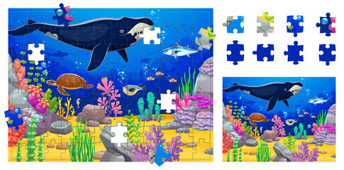 Aufkleber - Jigsaw puzzle quiz game pieces, underwater landscape with sea animals. Cartoon vector educational and playful ocean riddle with sea animals like whales, turtles, fish and puzzle pieces are missing