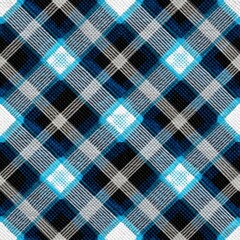 Leinwandbilder - Blue, Black and White Tartan Fabric with a Herringbone Weave; Textured Textile Material