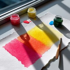 Aufkleber - Bright Watercolor Painting: Jars of Red, Yellow, Green, and Blue Hues Blended on White Paper with a Brush in Sunlight