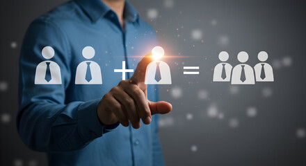 Poster - Man in Blue Shirt Touches Screen Displaying Business Team and Equation Concept with Abstract Light on Dark Background
