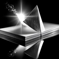 Aufkleber - Geometric Revelation: A Silver Paper Pyramid Ascends from Stack, Illuminated by a Burst of Light on a Dark Reflective Surface