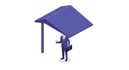Poster - Businessman standing under protective roof holding coffee cup and briefcase in flat style vector illustration