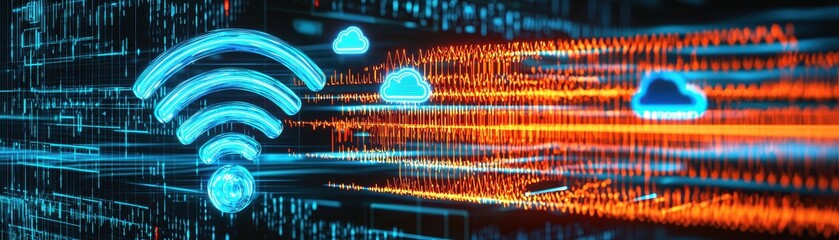 Poster - A digital illustration depicting Wi-Fi signals and cloud icons, representing connectivity and data transfer in technology.