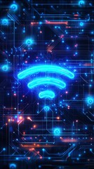 Poster - A vibrant, digital illustration featuring a glowing Wi-Fi symbol against a backdrop of intricate blue circuit patterns.