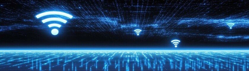 Poster - A digital landscape featuring glowing Wi-Fi signals amidst a futuristic grid background, representing connectivity and technology.