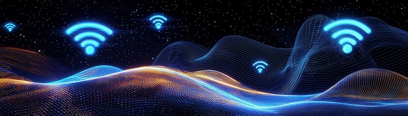 Poster - A digital landscape featuring glowing Wi-Fi symbols above flowing, wave-like patterns in a starry night background.