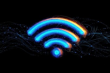 Poster - A vibrant representation of a Wi-Fi symbol, glowing with colorful light trails against a dark background, symbolizing connectivity and technology.