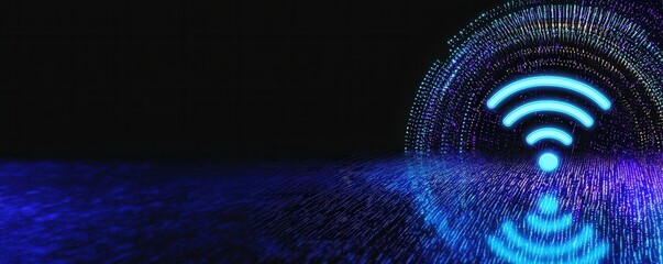 Poster - A glowing blue Wi-Fi symbol radiates waves against a dark background, symbolizing connectivity and technology.