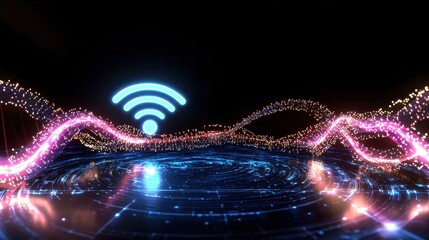 Fototapete - A vibrant digital representation of wireless signals, showcasing colorful waves and a Wi-Fi icon against a dark background.