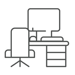 Fototapete - Desk with chair and desktop thin line icon, remote work concept. Vector graphics. Personal workplace with computer sign on white background, linear style icon for mobile or web design.