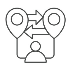 Poster - User with map distance thin line icon, remote work concept. Vector graphics. Location pins, arrows and user sign on white background, linear style icon for mobile or web design.