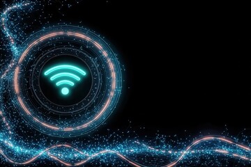 Fototapete - A futuristic digital design featuring a glowing Wi-Fi symbol surrounded by dynamic blue light trails on a dark background.