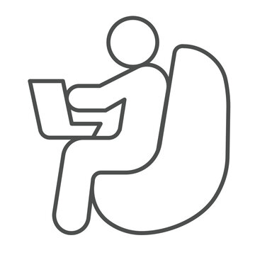 Man with laptop and chair thin line icon, remote work concept. Vector graphics. Human sitting on easy chair sign on white background, linear style icon for mobile or web design.