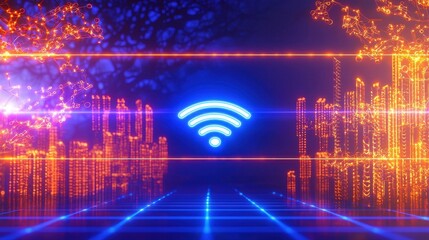 Fototapete - A futuristic digital landscape featuring a prominent blue Wi-Fi symbol amidst glowing lines and abstract structures.