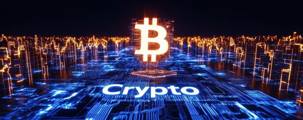 Poster - A digital representation of cryptocurrency, highlighted by a glowing Bitcoin symbol and the word 