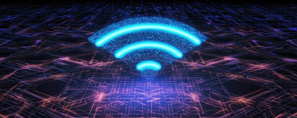 Poster - A digital representation of a Wi-Fi symbol glowing against a network of interconnected lines, suggesting connectivity and technology.