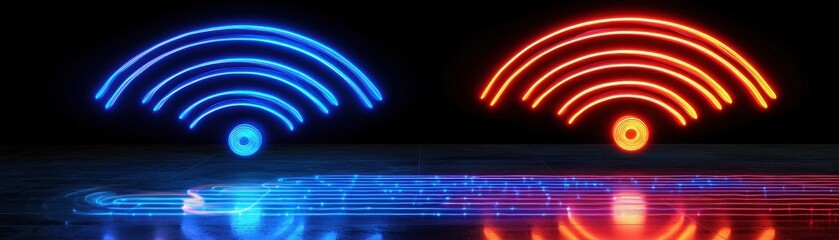 Poster - The image features neon-style Wi-Fi symbols in blue and red, symbolizing connectivity and digital communication in a modern aesthetic.