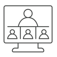 Fototapete - Monitor screen and user conference thin line icon, remote work concept. Vector graphics. Display with online team, call sign on white background, linear style icon for mobile or web design.