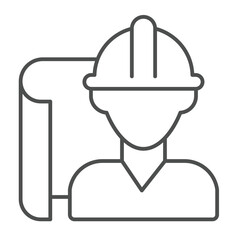 Poster - Architect man project paper thin line icon, architect studio concept. Vector graphics. Construction worker with project plan sign on white background, linear style icon for mobile or web design.