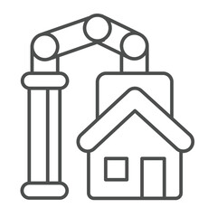 Poster - assembled house and crane thin line icon, construction concept. vector graphics. 3d printed cottage 