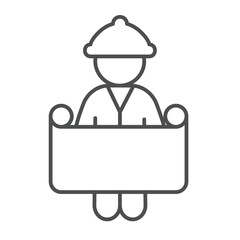 Poster - Architect man with project paper thin line icon, construction concept. Vector graphics. Worker and project plan sign on white background, linear style icon for mobile or web design.