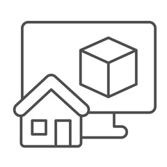 Fototapete - Monitor with 3D program and house thin line icon, architect studio concept. Vector graphics. Display with 3D building program sign on white background, linear style icon for mobile or web design.