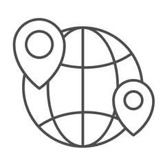 Poster - Globe and location pins thin line icon, geo navigation concept. Vector graphics. World globe with geolocations sign on white background, linear  style icon for mobile or web design.