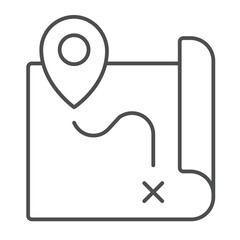 Poster - Route map and location pin thin line icon, marine navigation concept. Vector graphics. Map paper with geolocation sign on white background, linear style icon for mobile or web design.