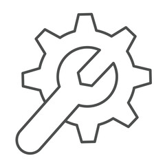 Fototapete - Wrench with cogwheel gear thin line icon, repair service concept. Vector graphics. Mechanic tool, custom settings sign on white background, linear style icon for mobile or web design.