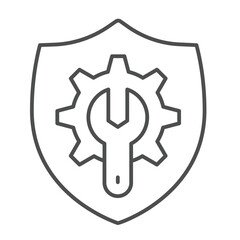 Fototapete - Wrench with cogwheel gear on safety emblem thin line icon, repair service concept. Vector graphics. Mechanic tool shield sign on white background, linear style icon for mobile or web design.