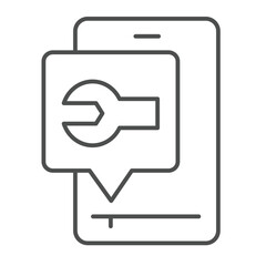 Fototapete - Smartphone with wrench popup window thin line icon, repair service concept. Vector graphics. Phone with repairman message sign on white background, linear style icon for mobile or web design.