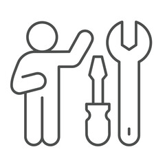 Fototapete - Wrench with screwdriver and man thin line icon, repair service concept. Vector graphics. Repair tools and human sign on white background, linear style icon for mobile or web design.