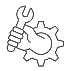 Fototapete - Gear with wrench in hand thin line icon, repair service concept. Vector graphics. Human hand with wrench in cogwheel sign on white background, linear style icon for mobile or web design.