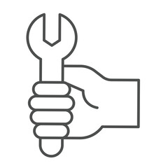 Fototapete - Wrench in hand thin line icon, repair service concept. Vector graphics. Human hand with wrench sign on white background, linear style icon for mobile or web design.
